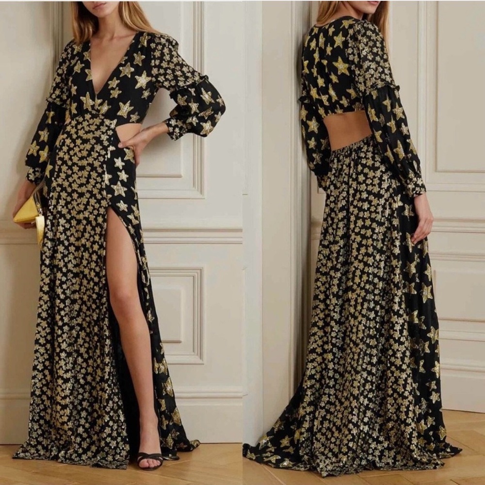 LoveShackFancyBlack and Gold Maxi Dress